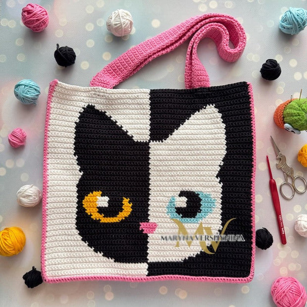 Face Black and white cat Bag Crochet Pattern