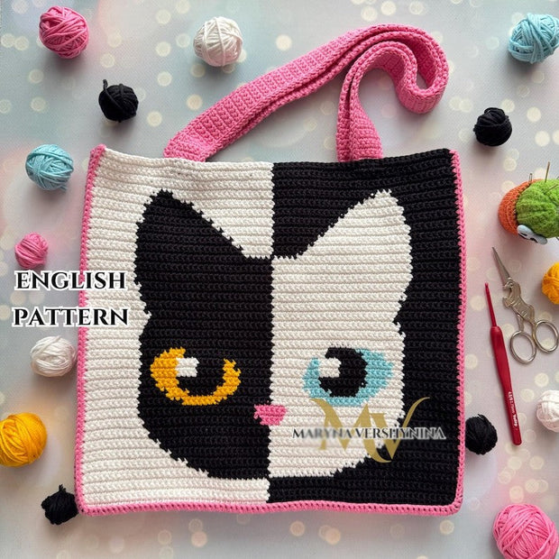 Face Black and white cat Bag Crochet Pattern